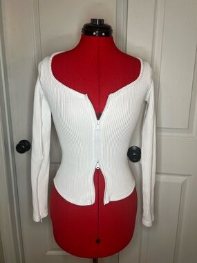 Good American White Long Sleeve Ribbed Double Zipper Top Womens Sz 2.